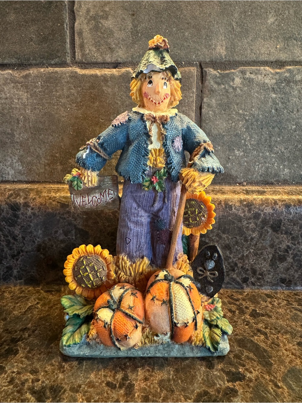 Autumn Scarecrow Home Art Figurine - Blue Jacket, Orange Pumpkins 7.5”